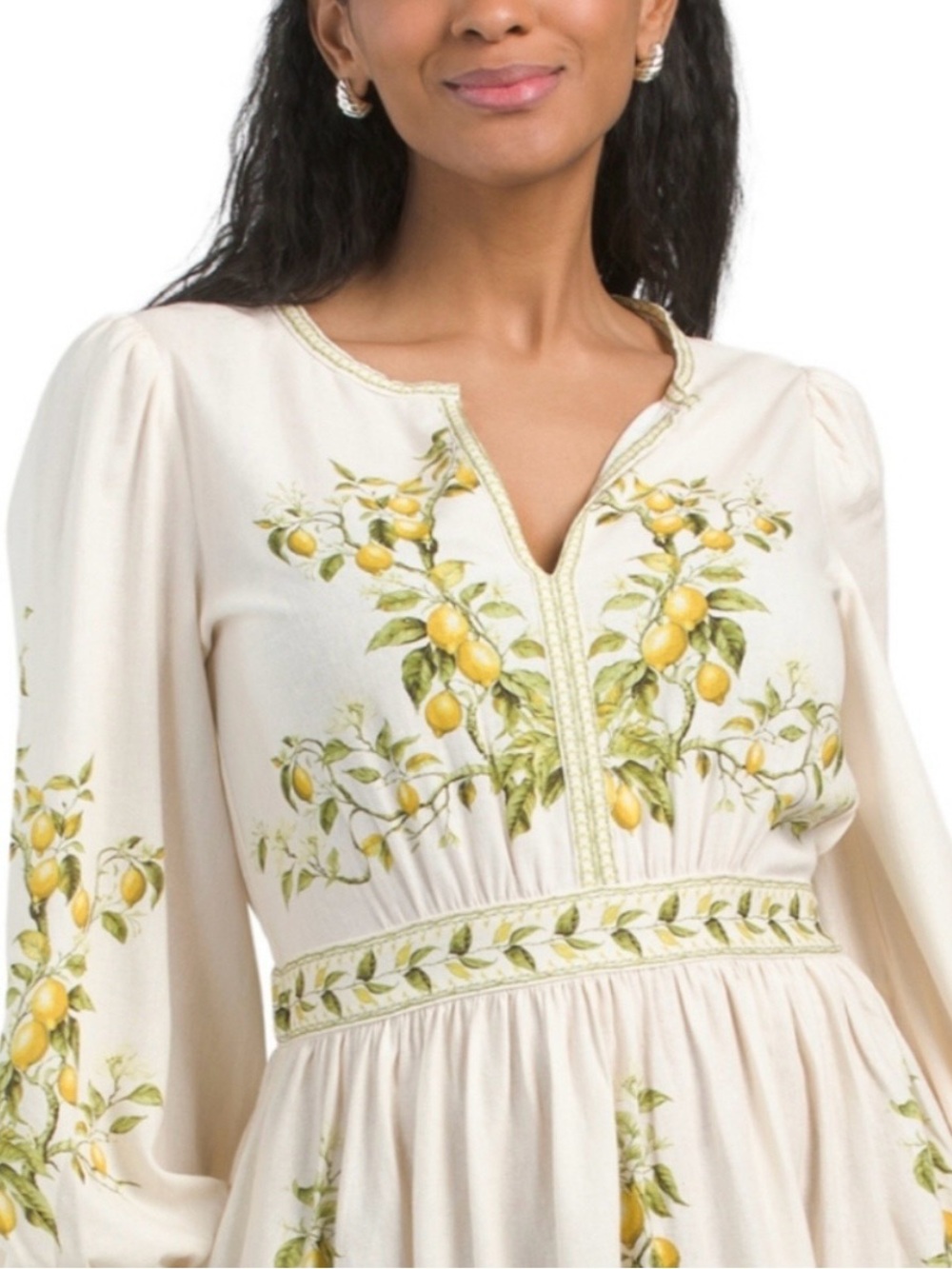 Max Studio Cream Midi Dress with Yellow & Green Lemon Print